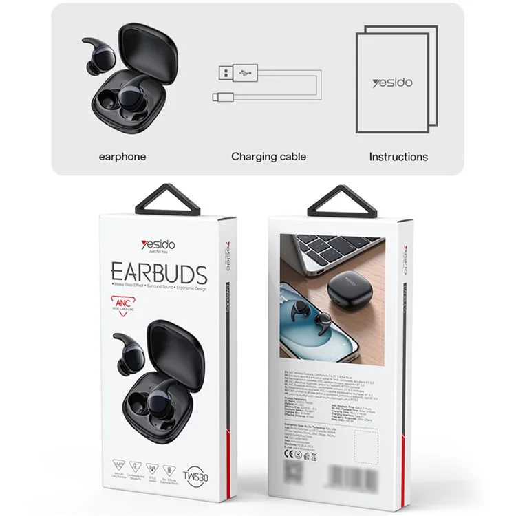 BT5.3 Long Battery Life Touch Control ANC Noise Reduction TWS Earphone Black