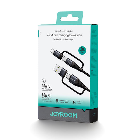 60W 4-in-1 Fast Charging Data Cable with USB-A and Type-C Connectors