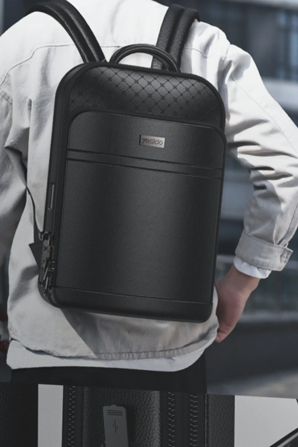 Leather Smart Backpack with Fingerprint Reader Lock Security System Bag and Charging Port WB59
