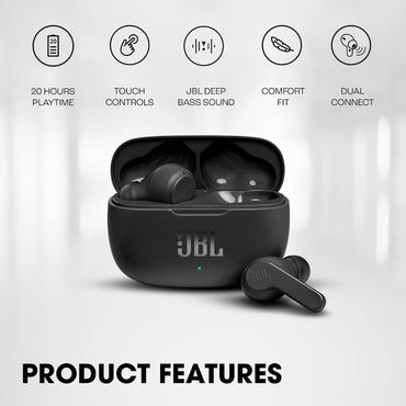 JBL Wave 200 TWS, Bluetooth Truly Wireless in Ear Earbuds with Mic Deep Bass Sound, up to 20Hrs Playtime, use Single Earbud or Both, 5.0, Type C & Voice Assistant Support for Mobile Phones (Black/White)