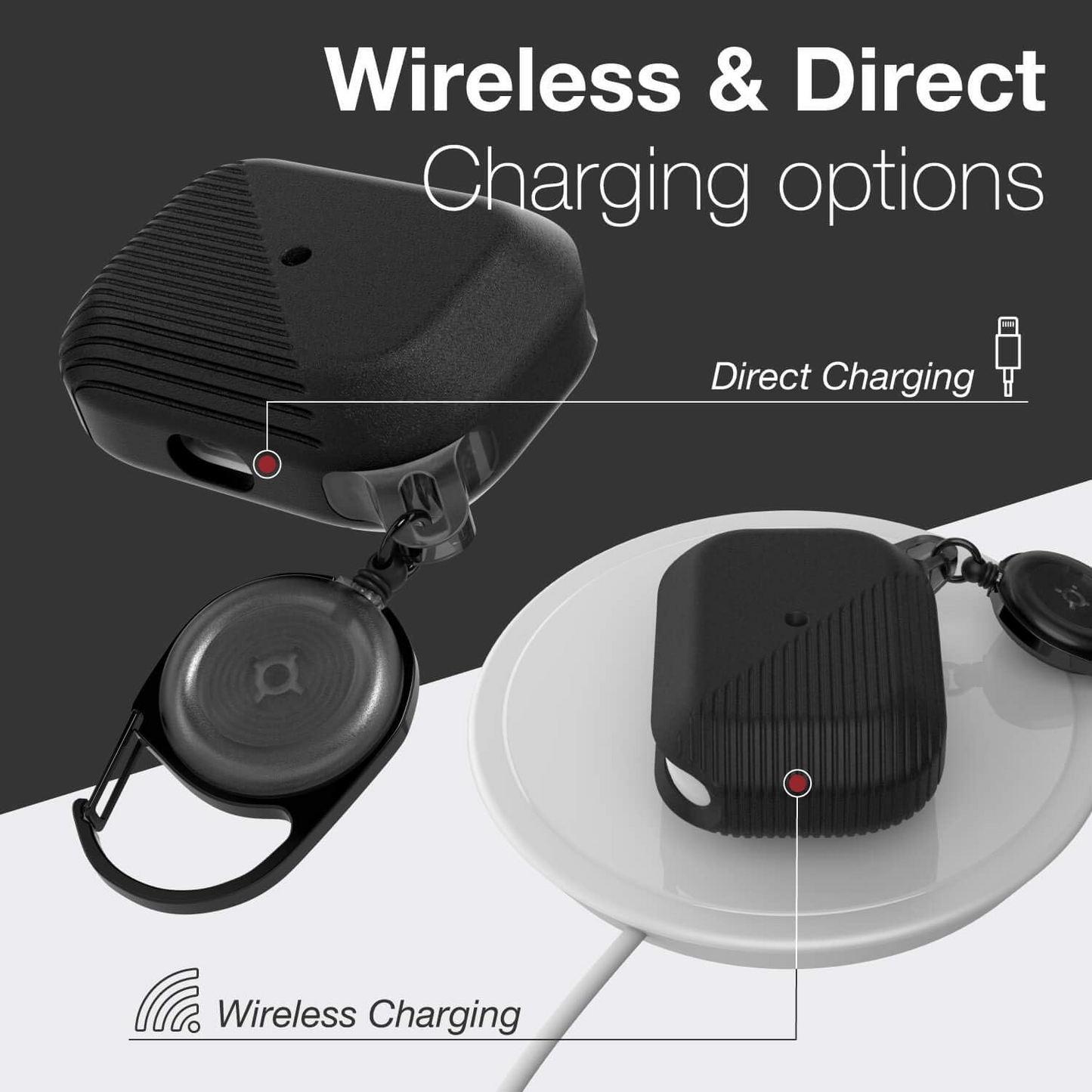 Raptic Radius for AirPods Pro 2 and AirPods 1 and 2 - Black, Durable Silicone Case with Retractable Clip, Shock & Scratch Protection, Compatible with Wireless Charging