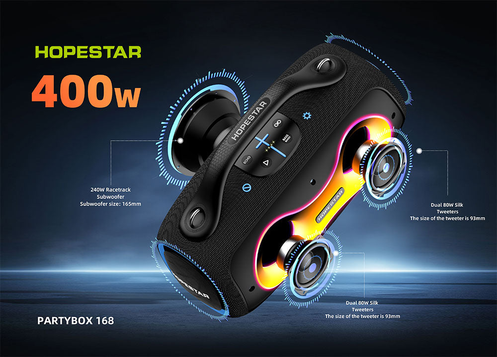 HOPESTAR PartyBox 168 Bluetooth Party Speaker 400W Bass 2 Mics Waterproof, RGB Light , With Stand , 32000 mah Battery