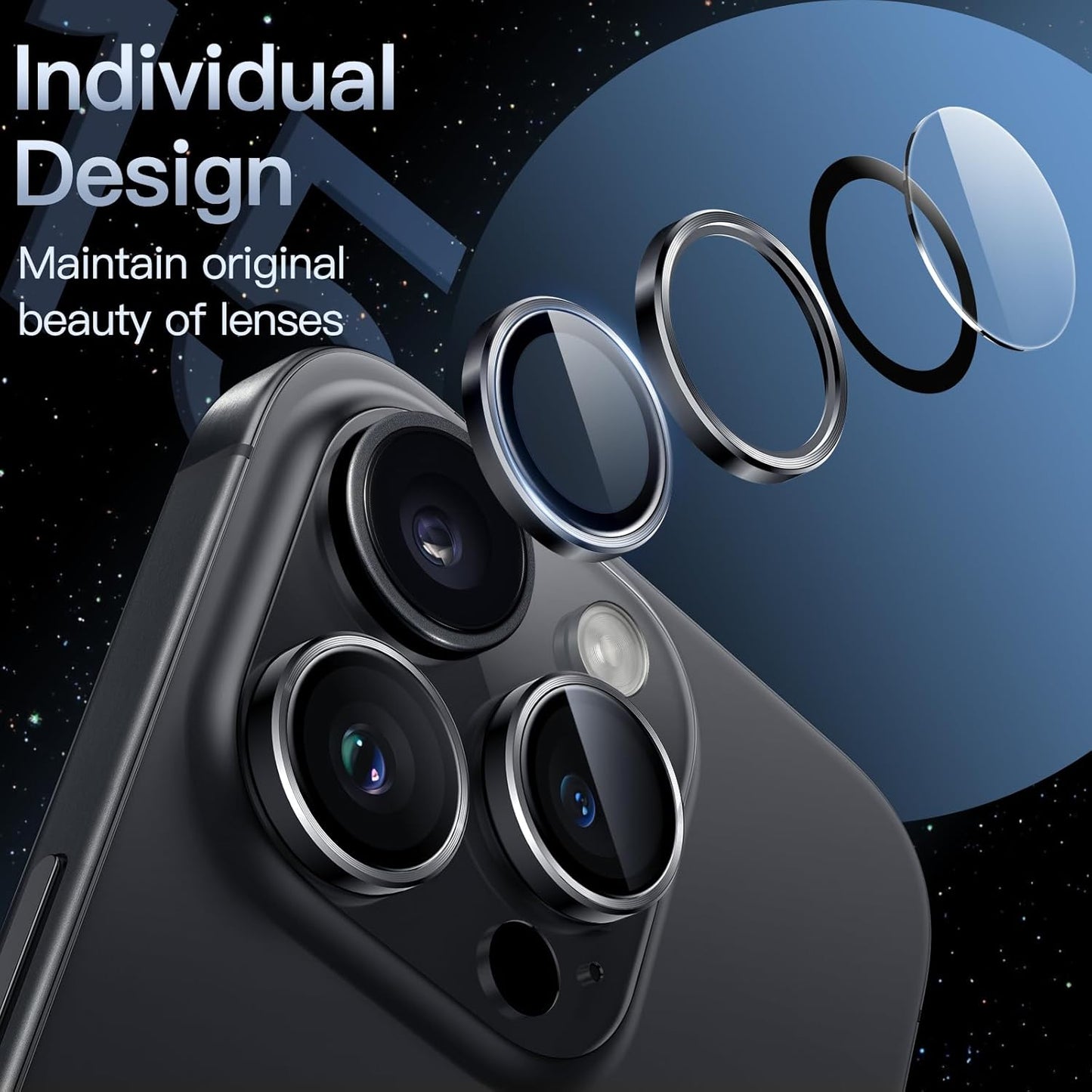 Black Camera Lens Protector For iPhone & Samsung 9H Tempered Glass Metal Individual Ring Cover, HD Clear