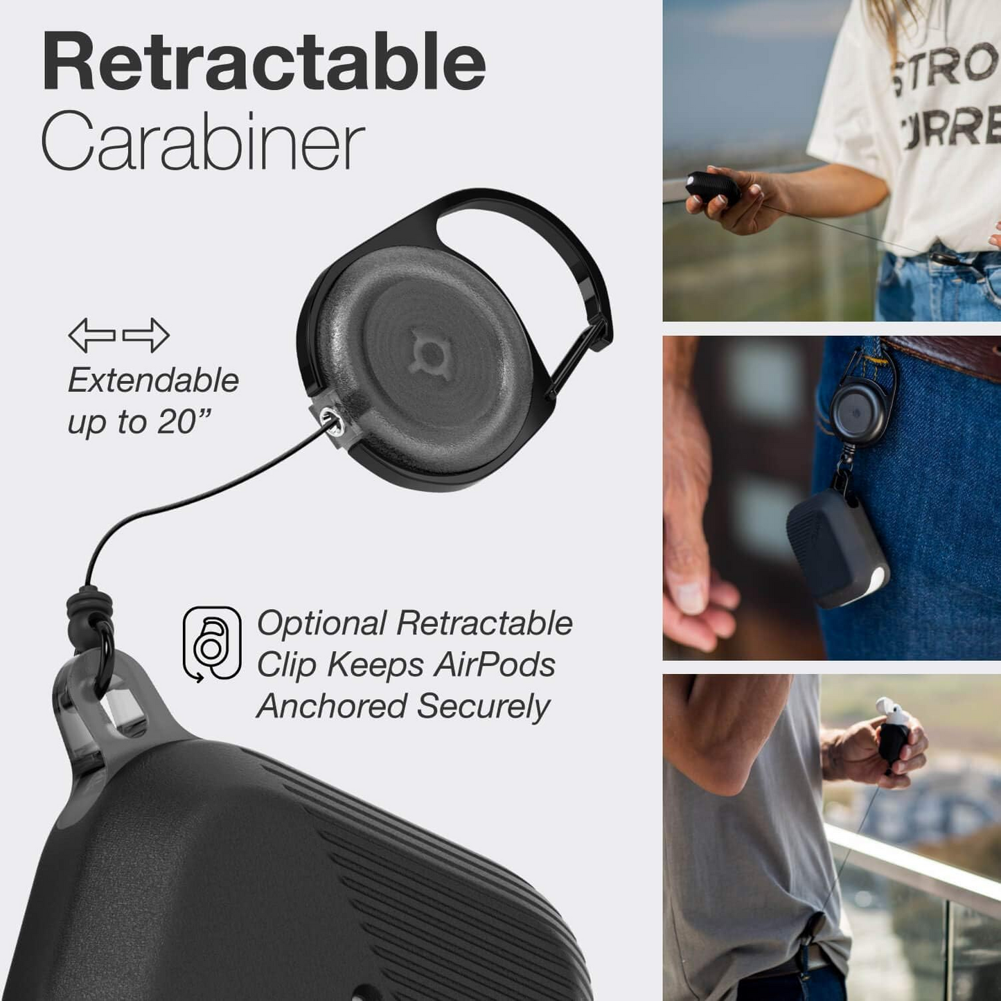 Raptic Radius for AirPods Pro 2 and AirPods 1 and 2 - Black, Durable Silicone Case with Retractable Clip, Shock & Scratch Protection, Compatible with Wireless Charging
