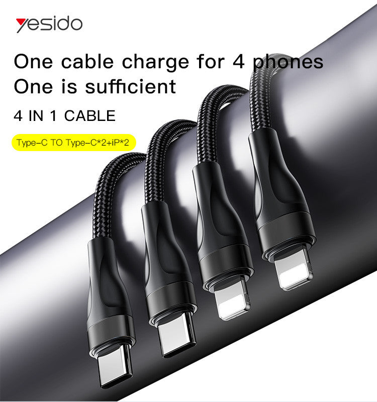 Yesido CA110 4 in 1 Charging Data Cable | Type-C to 2 TC + 2 IP Mobile Phone Charging Cable
