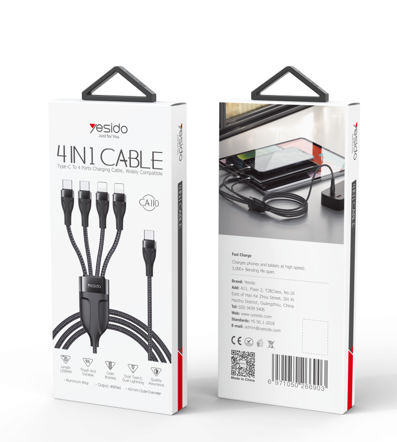 Yesido CA110 4 in 1 Charging Data Cable | Type-C to 2 TC + 2 IP Mobile Phone Charging Cable