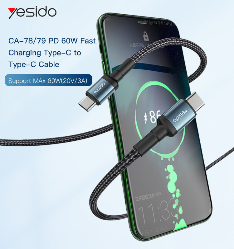 Yesido CA78 1.2M/2M/3M 60W Mobile Phone Tablet Laptop Fast Charging Type-C To Type-C Data Cable
