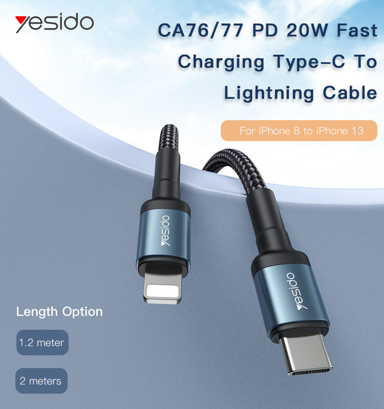 Yesido CA76 1.2M/2M/3M PD 20W Fast Charging Nylon PD Type-C to 8 Pin For iPhone Data Cable