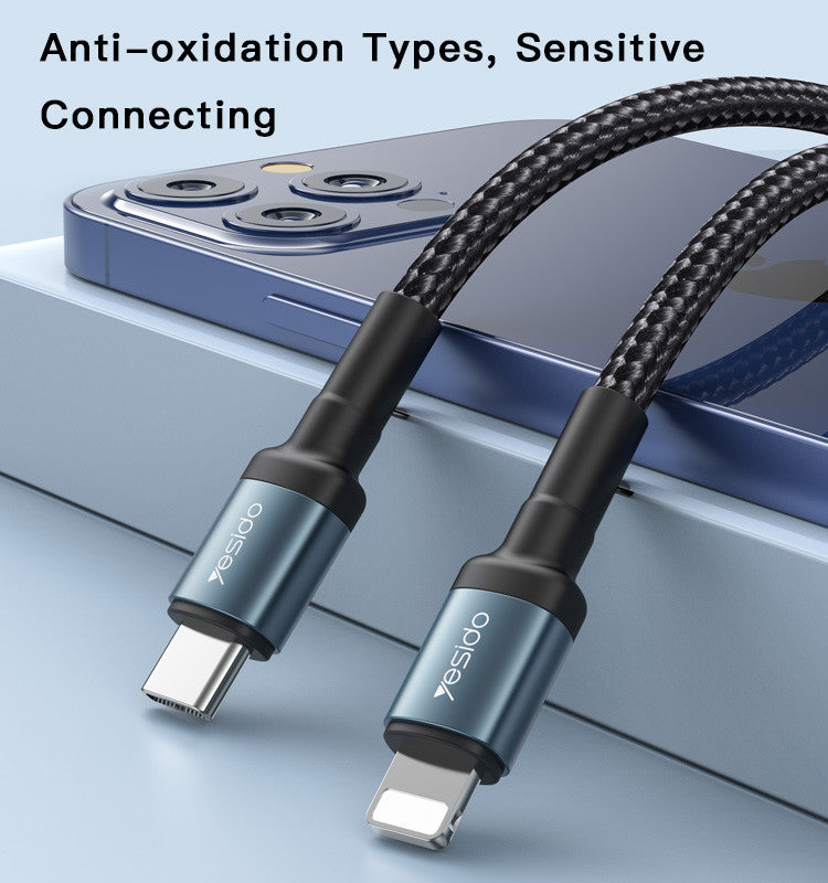 Yesido CA76 1.2M/2M/3M PD 20W Fast Charging Nylon PD Type-C to 8 Pin For iPhone Data Cable