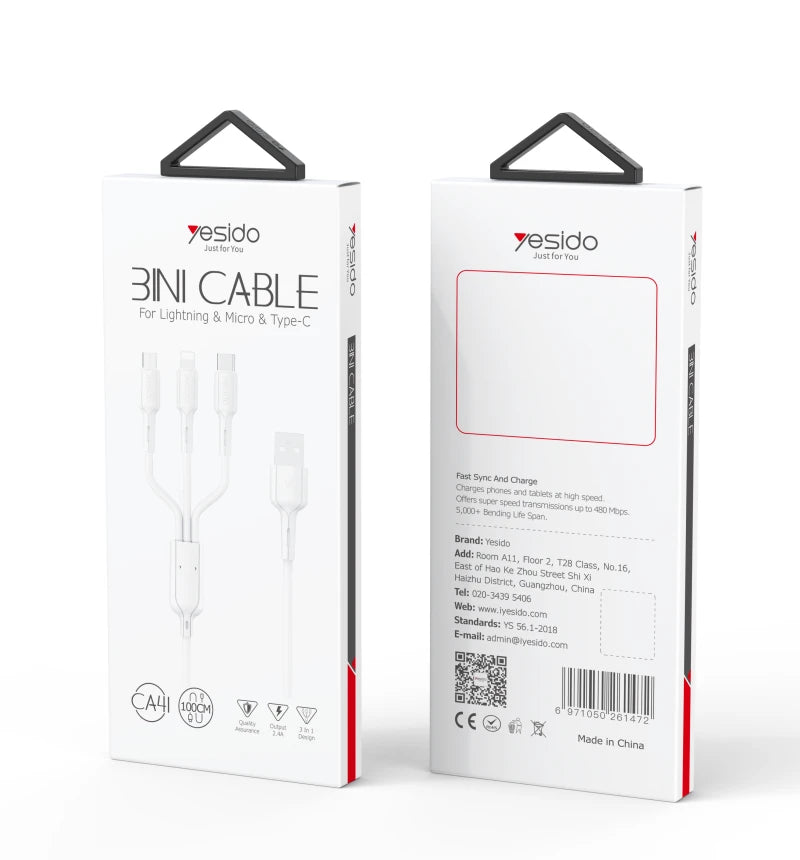 Yesido CA41 Data Cable Line USB To Micro Type-C Lightning Mobile Phone Charging 3 In 1 Usb Cable