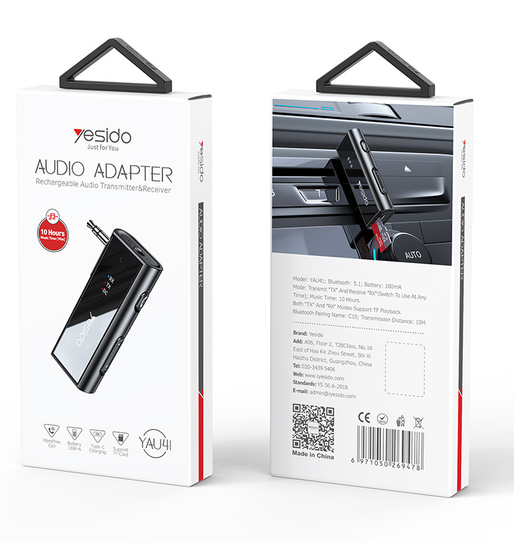 Yesido YAU41 2 in1 Wireless Adapter 3.5mm Audio AUX Adapter Bluetooth 5.1 Transmitter Receiver For Car