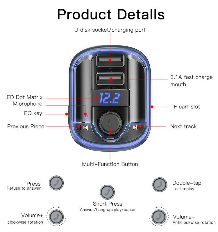 Yesido Y44 MP3 Player Bluetooths Cigarette Lighter Auto Charge Universal U Disk 2 Usb Car Charger