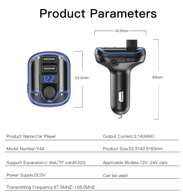 Yesido Y44 MP3 Player Bluetooths Cigarette Lighter Auto Charge Universal U Disk 2 Usb Car Charger