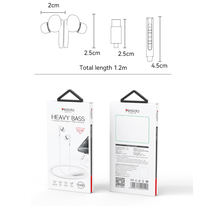 Yesido YH45 Type-C In-Ear Earphones with HD Mic and Remote Control