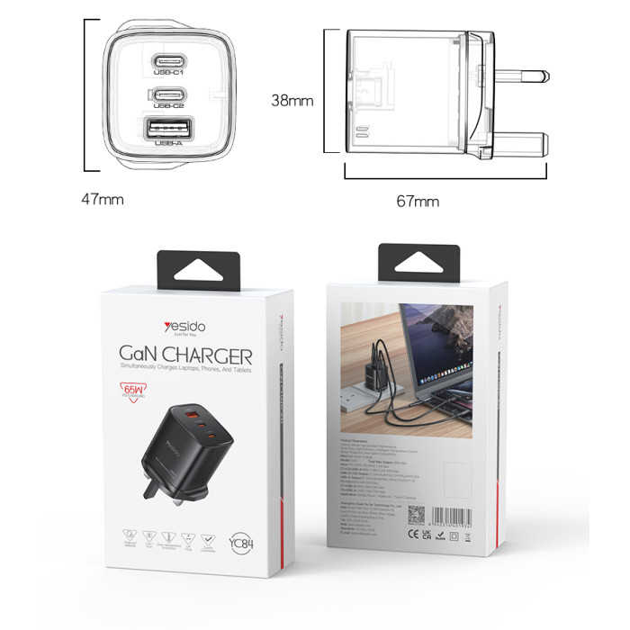 Yesido Yc84 Low Temperatures 65W Fast Charging 2 Usb C Usb A Three Port Uk Gan Fast Charger“ Premium Quality, Stylish & Durable Protective Case