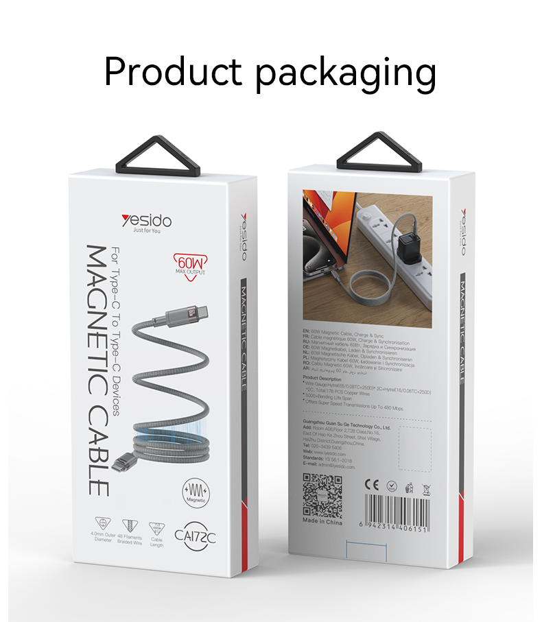 Yesido CA172C 1M Length TC To TC Built-in Intelligent Chip PD 60W Fast Charging Magnetic Saving Data Cable