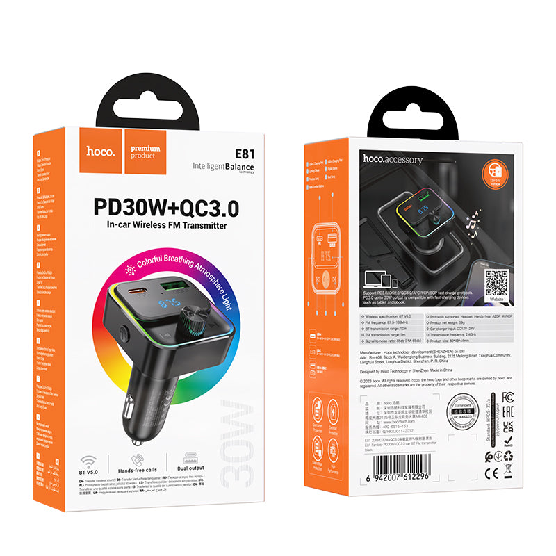 HOOC CAR BLUETOOTH 5.0 FM TRANSMITTER WIRELESS AUDIO PLAYER WITH 30W FAST CHARGING TYPE-C AND USB-A