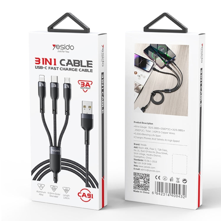 Yesido CA91 3A 3 in 1 USB to 8 Pin+USB-C/Type-C+Micro USB Aluminum Alloy Data Cable, Length: 1m(Black)