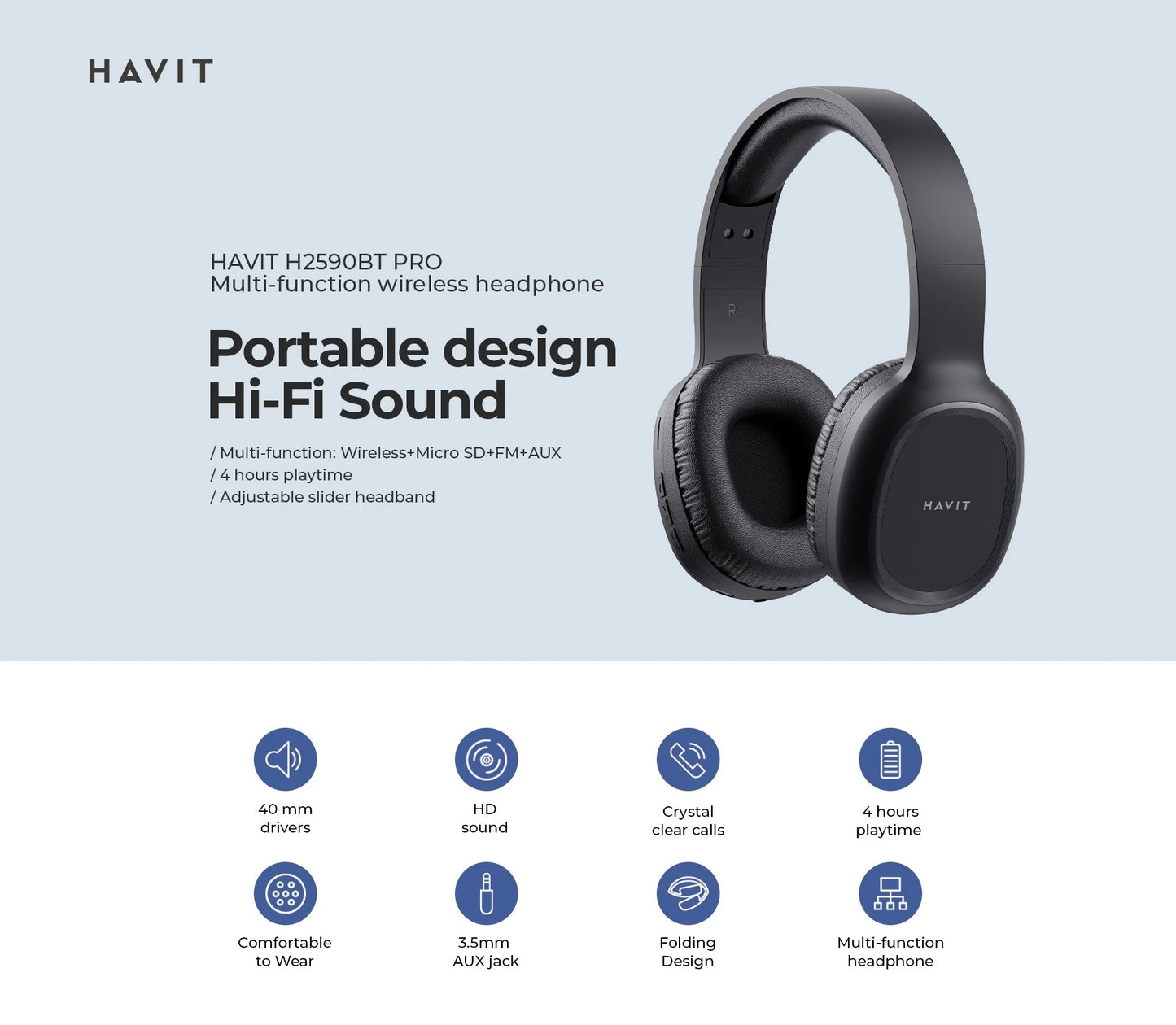 HAVIT Wireless Black Headphones Amazing Sound Clarity H2590BT Pro Comfortable
