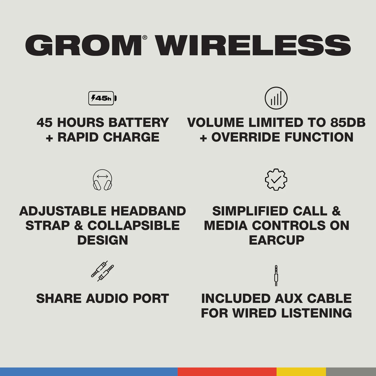 Skullcandy Grom Wireless Kids Bluetooth Headphones – Black | 45-Hour Battery