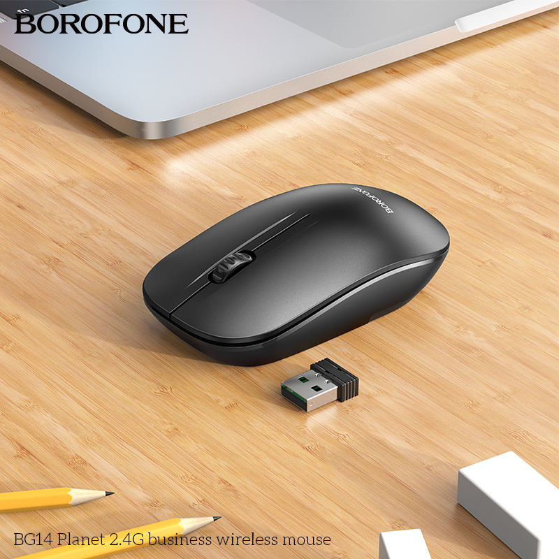 Borofone BG14 Planet Wireless Mouse – Dual Mode Silent Optical RGB Gaming BT 2.4G USB for PC, Laptop, Rechargeable – White and Black