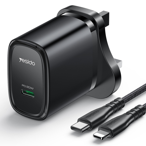 Yesido YC76BL PD 20W USB-C / Type-C Port Quick Wall Charger with Type-C to 8 Pin Cable, UK Plug (Black)