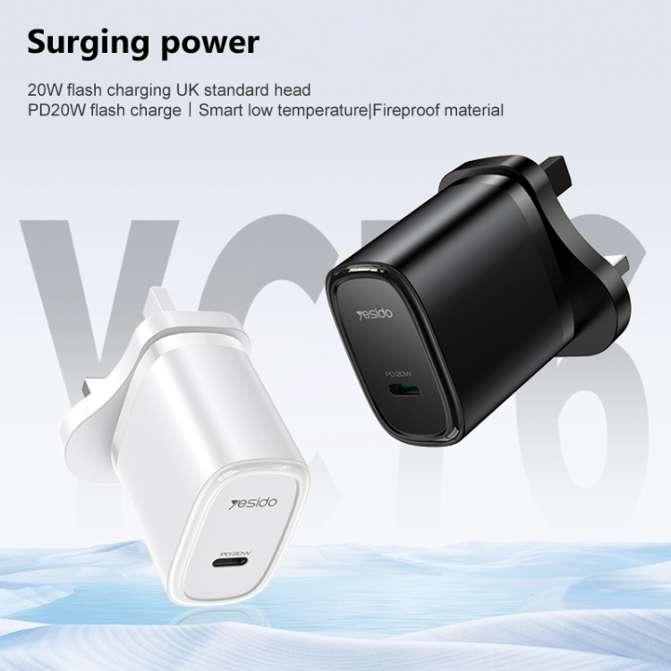 Yesido YC76BL PD 20W USB-C / Type-C Port Quick Wall Charger with Type-C to 8 Pin Cable, UK Plug (Black)