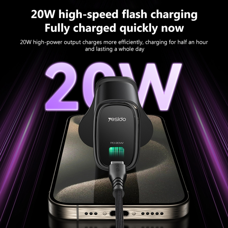 Yesido YC76BL PD 20W USB-C / Type-C Port Quick Wall Charger with Type-C to 8 Pin Cable, UK Plug (Black)