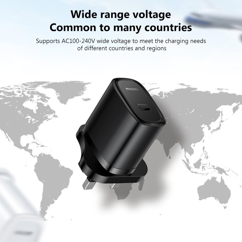 Yesido YC76BL PD 20W USB-C / Type-C Port Quick Wall Charger with Type-C to 8 Pin Cable, UK Plug (Black)