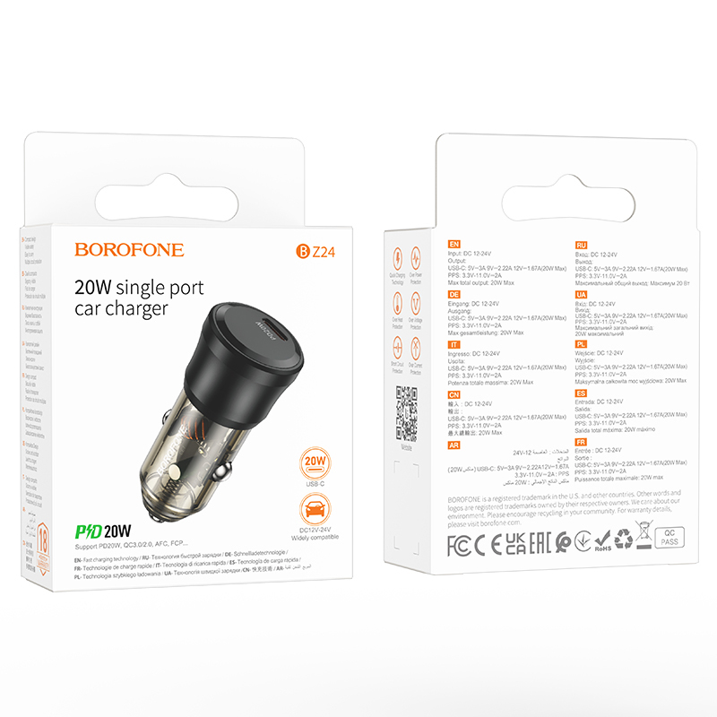 Borofone BZ24 Clever Car Charger – 20W Fast Charging, QC 3.0, PD, Type-C, 12-24V Input (Black)