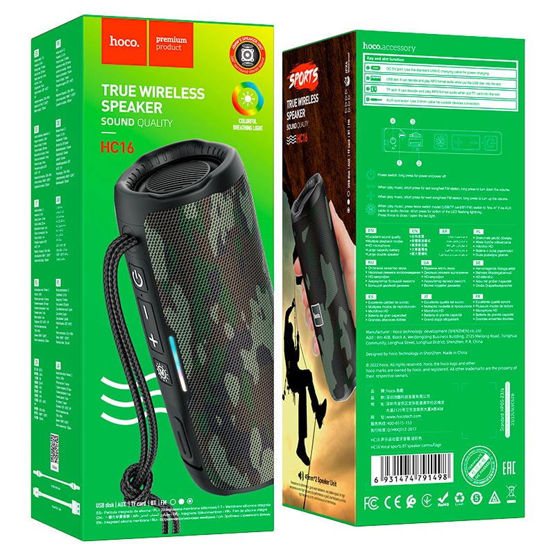 HOCO HC16 Vocal Wireless Bluetooth Speaker – 10W Loudspeaker with BT 5.3, Multi-Color Light, 1200mAh Battery, FM, TF, USB, AUX, Hands-Free Calling