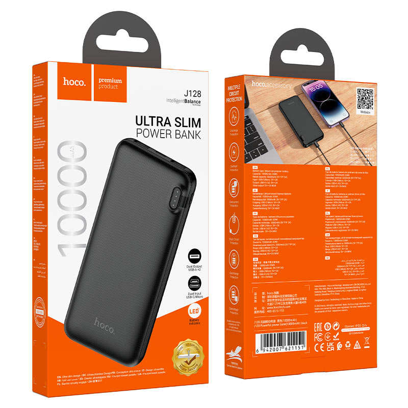 HOCO J128 Powerful 10000mAh Power Bank – Dual USB-A Outputs, Type-C & Micro-USB Inputs, Ultra-Slim Design