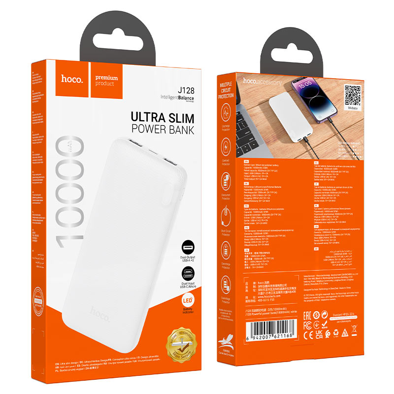 HOCO J128 Powerful 10000mAh Power Bank – Dual USB-A Outputs, Type-C & Micro-USB Inputs, Ultra-Slim Design
