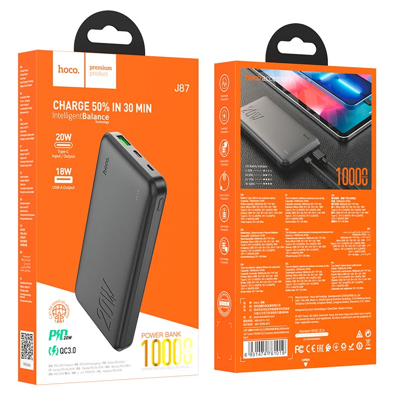 HOCO J87 Tacker 10000mAh Power Bank – PD20W + QC3.0 Fast Charging, USB-A & Type-C Outputs, LED Indicator