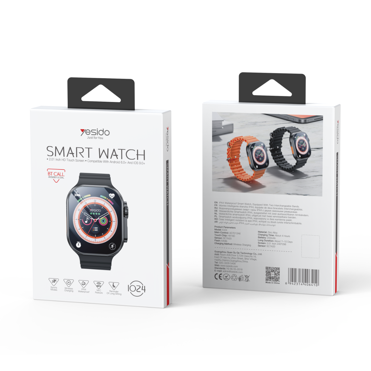YESIDO IO24 Smart Watch – 2.01" Full Touch Display, Bluetooth 5.0, Wireless Charging, Compatible with Android & iOS