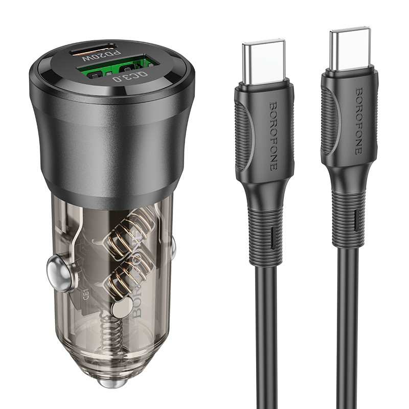 Borofone BZ25 Journey Car Charger – 38W PD USB & Type-C Fast Charging with Type-C Cable, 3A, Black