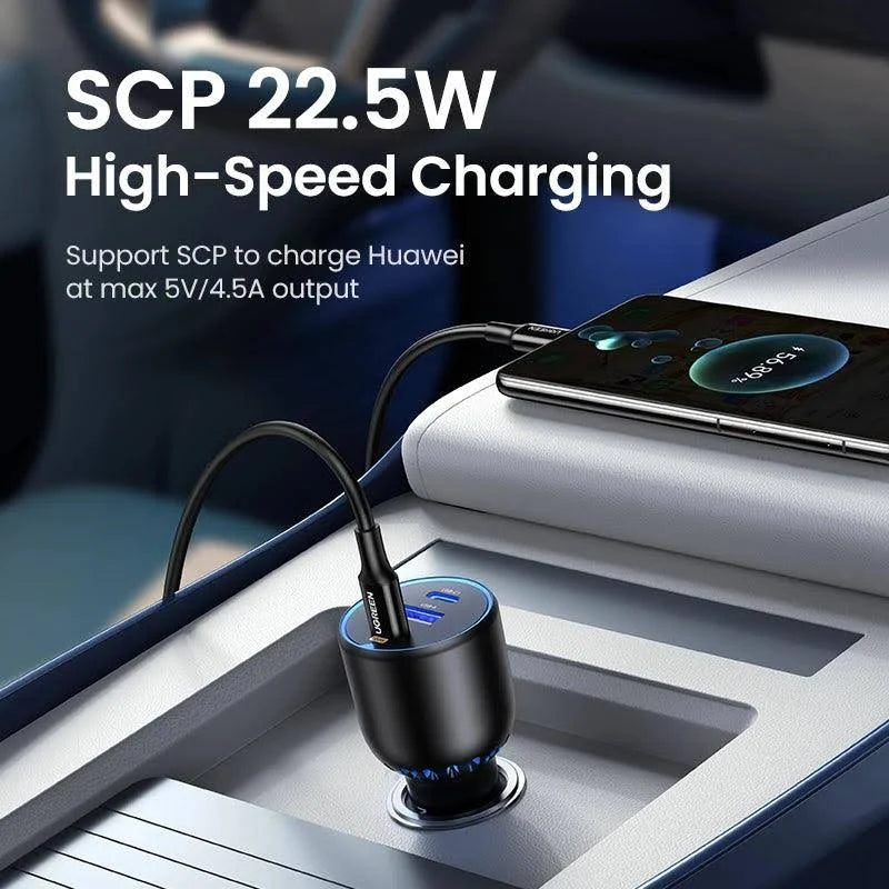 UGREEN 130W 3-PORT FAST CAR CHARGER FOR LAPTOP, TABLETS & PHONES