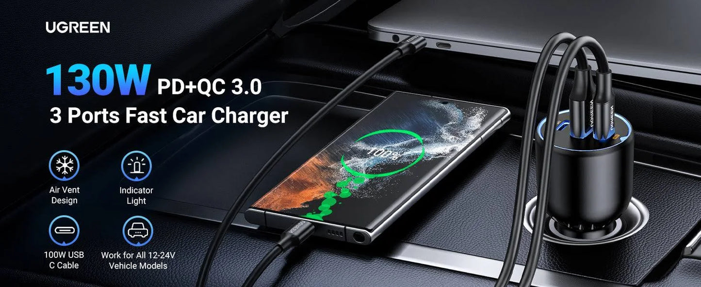 UGREEN 130W 3-PORT FAST CAR CHARGER FOR LAPTOP, TABLETS & PHONES