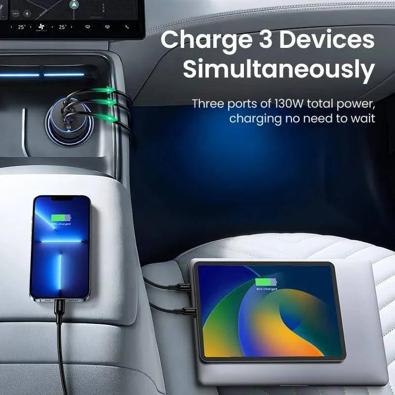 UGREEN 130W 3-PORT FAST CAR CHARGER FOR LAPTOP, TABLETS & PHONES