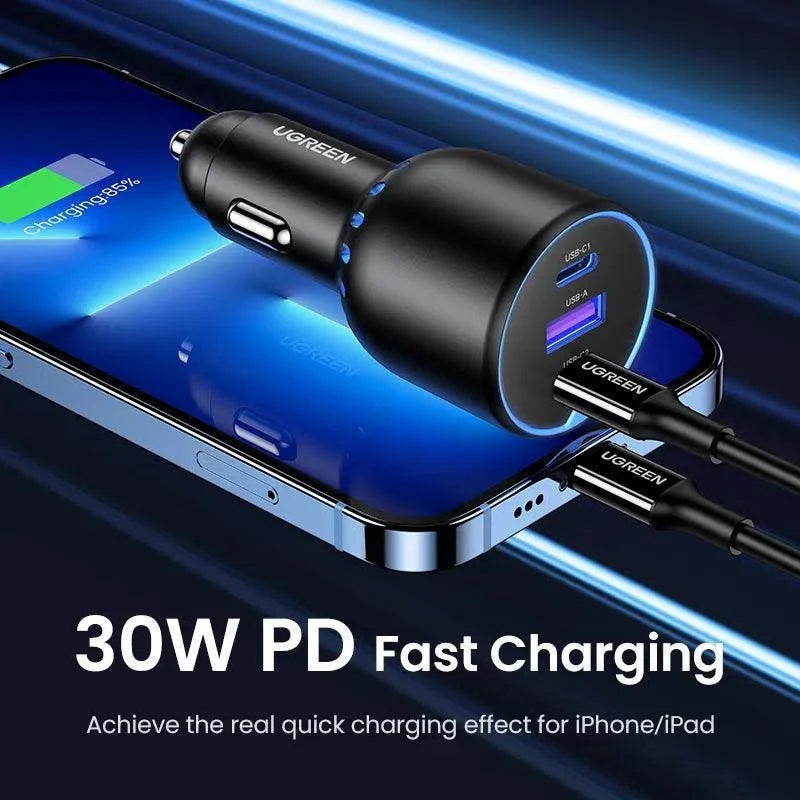 UGREEN 130W 3-PORT FAST CAR CHARGER FOR LAPTOP, TABLETS & PHONES