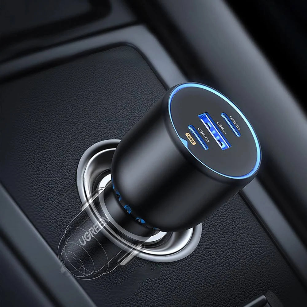 UGREEN 130W 3-PORT FAST CAR CHARGER FOR LAPTOP, TABLETS & PHONES