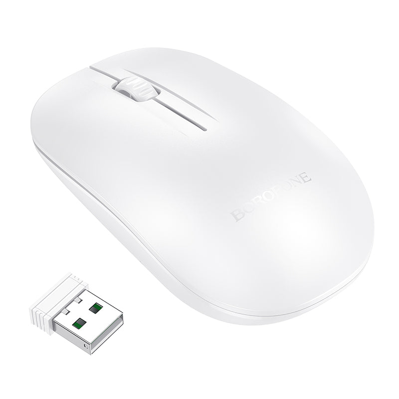 Borofone BG14 Planet Wireless Mouse – Dual Mode Silent Optical RGB Gaming BT 2.4G USB for PC, Laptop, Rechargeable – White and Black