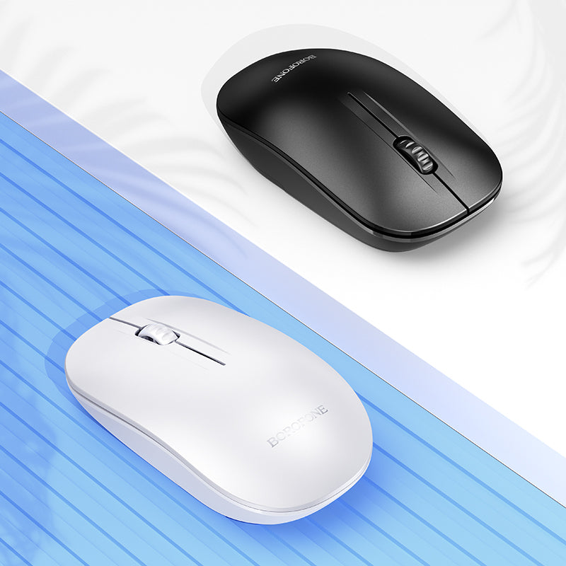 Borofone BG14 Planet Wireless Mouse – Dual Mode Silent Optical RGB Gaming BT 2.4G USB for PC, Laptop, Rechargeable – White and Black