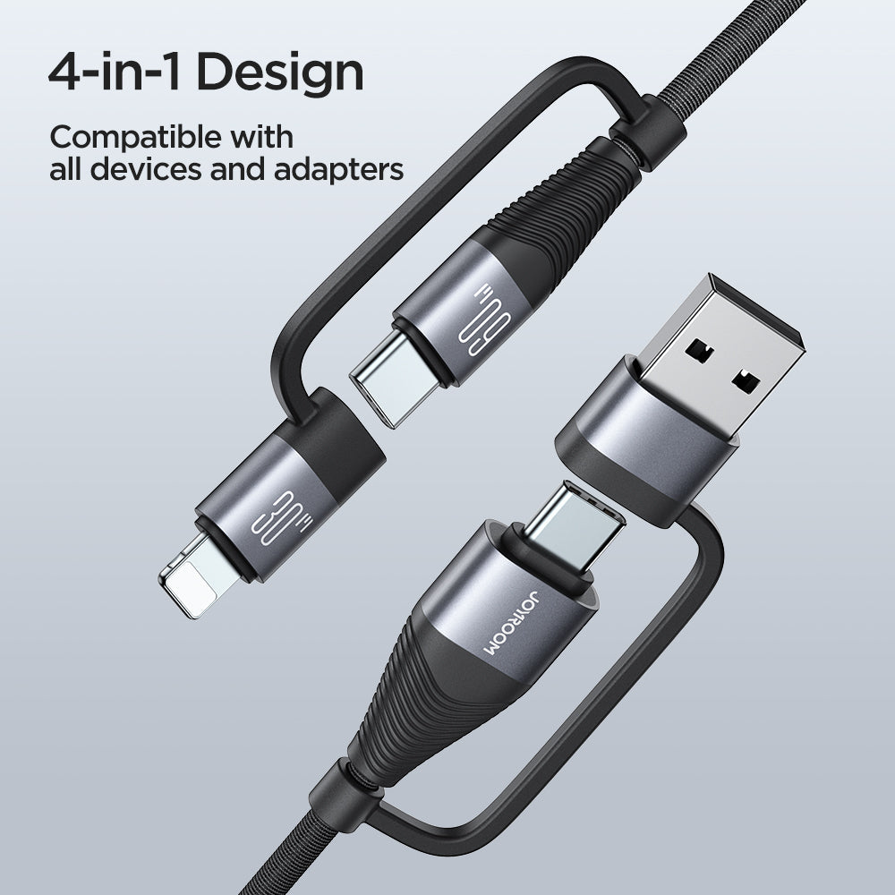 60W 4-in-1 Fast Charging Data Cable with USB-A and Type-C Connectors