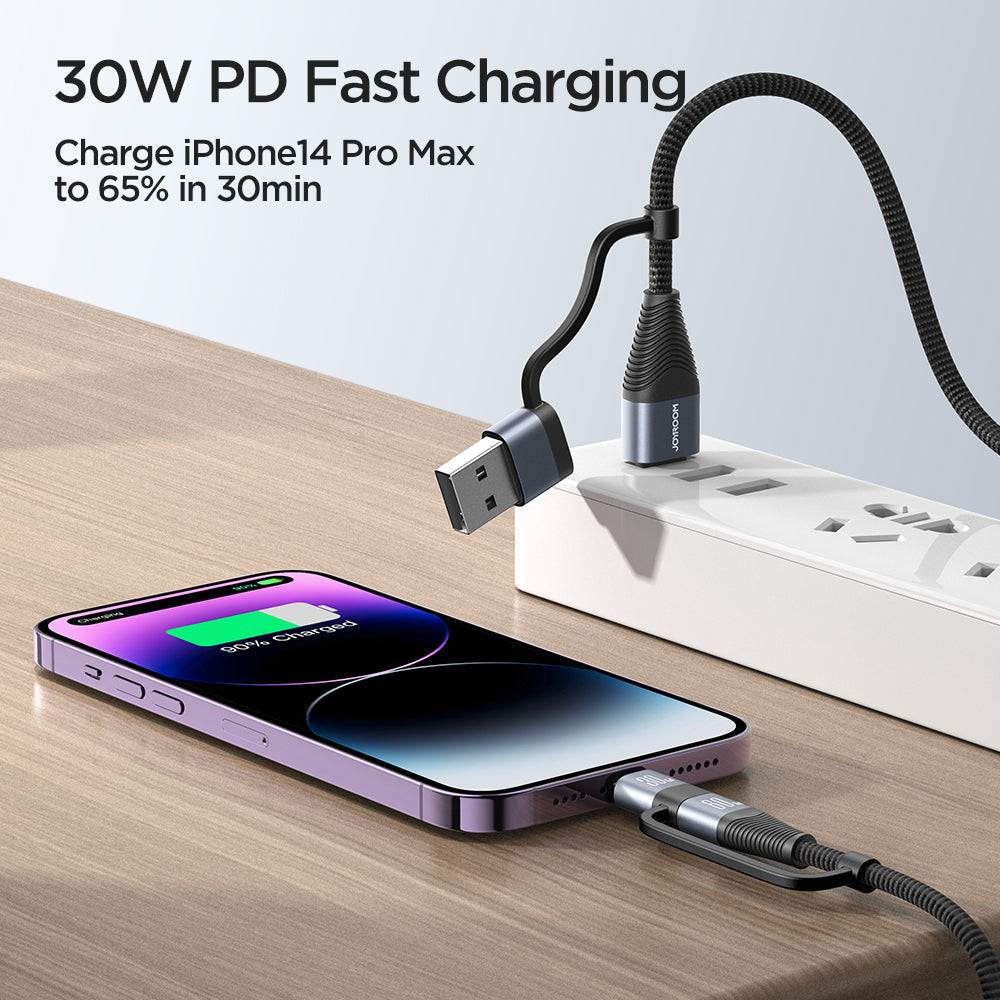 60W 4-in-1 Fast Charging Data Cable with USB-A and Type-C Connectors