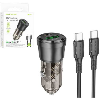 Borofone BZ25 Journey Car Charger – 38W PD USB & Type-C Fast Charging with Type-C Cable, 3A, Black
