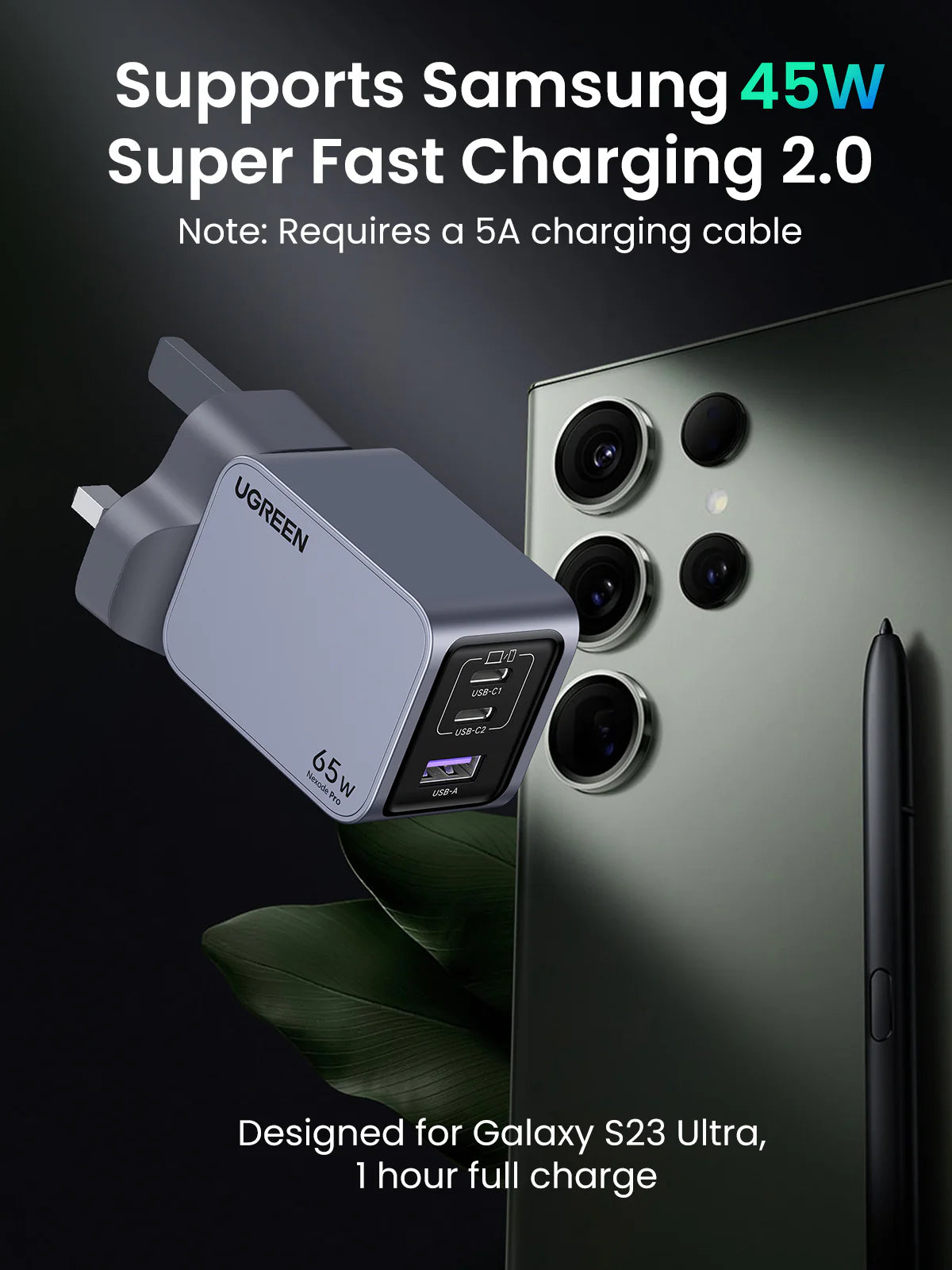 UGreen 65W GaN Fast Wall Charger 3 Port 2xUSB-C USB-A Power Adapter With Cable C to C