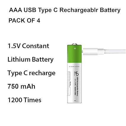 Rechargeable AAA Batteries 1.5V Lithium USB C Fast Charging 750mAh