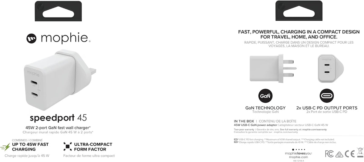mophie speedport 45 GaN Wall Charger 2 x USB-C Ports - UK Plug