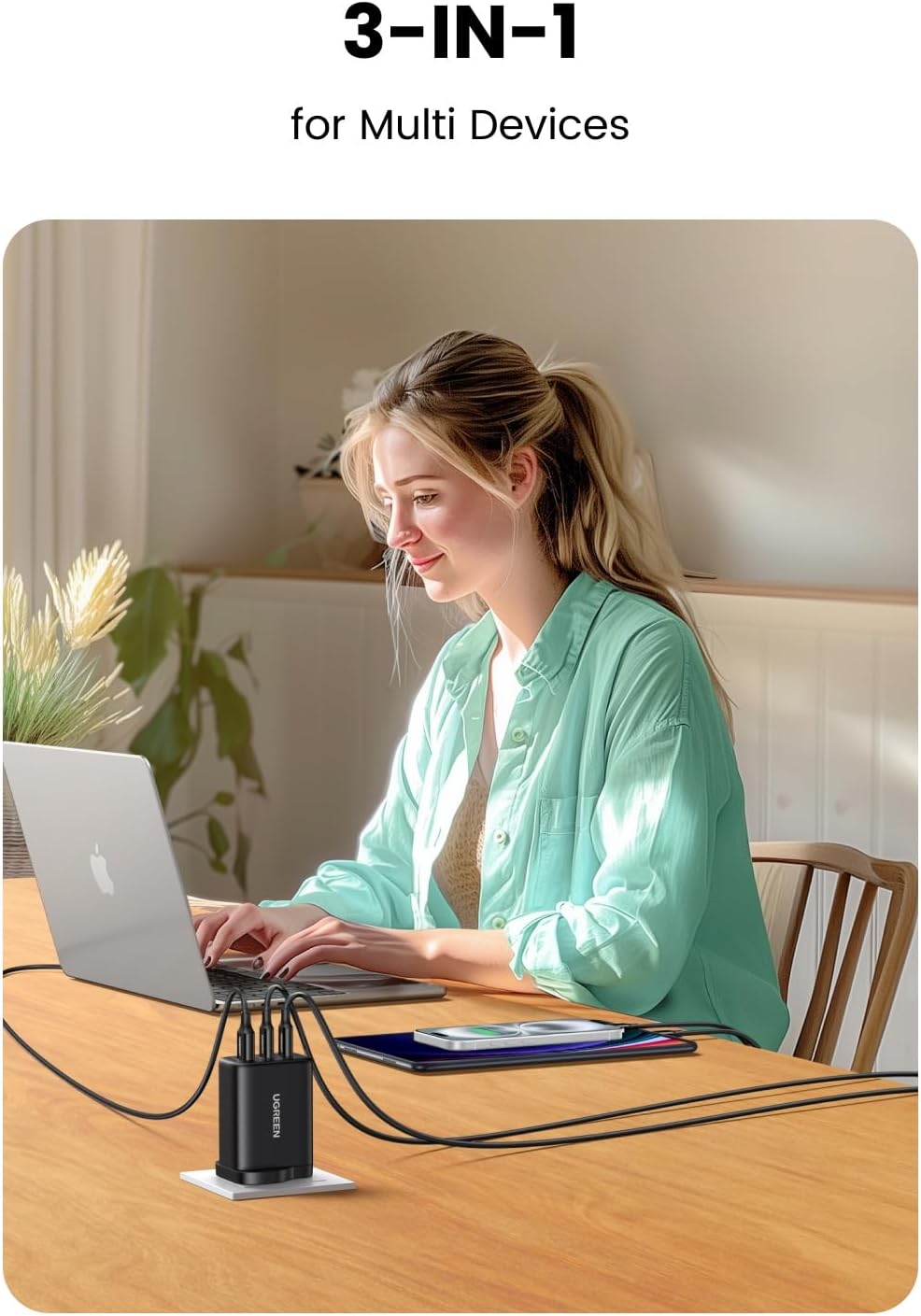 65W GaN Fast Charger 3 Port USB C USB A Power Adapter